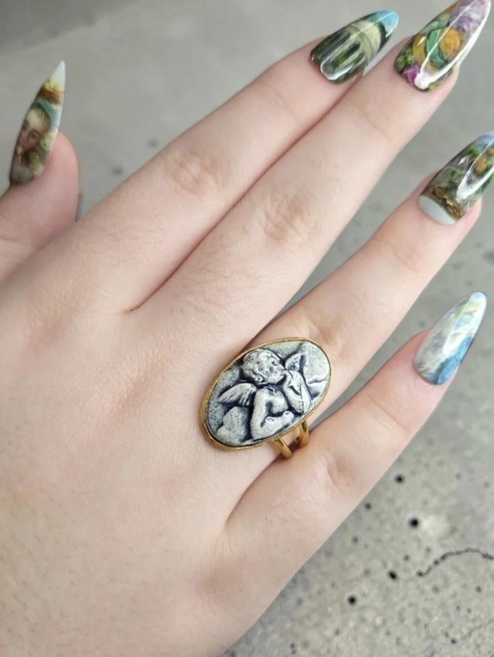 18k Gold Plated Artisan High Relief Porcelain Cherub Ring